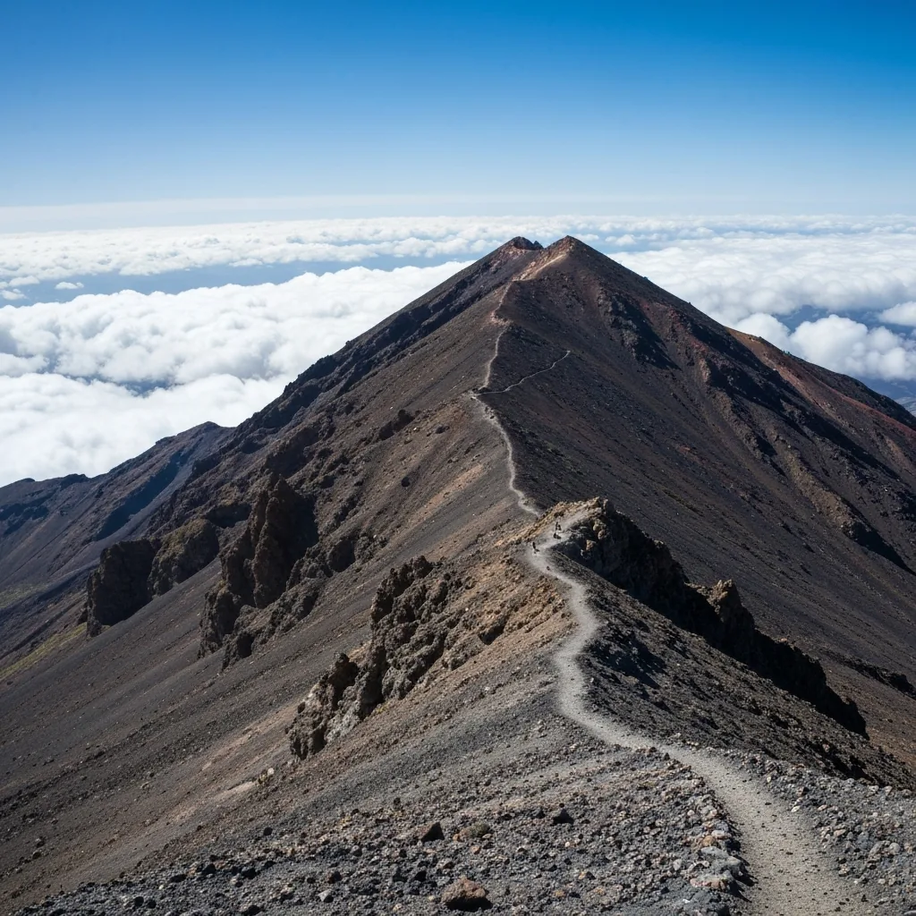 sendero de ceniza volcánica en las laderas altas del Teide, sobre el mar de nubes