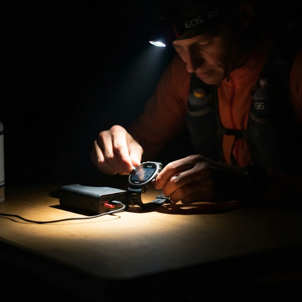 corredor recargando su reloj GPS con una batería externa en un avituallamiento nocturno