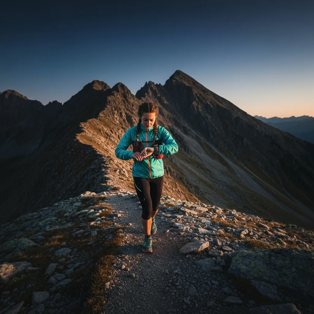 corredor de trail consultando un reloj GPS en una cresta de montaña al atardecer