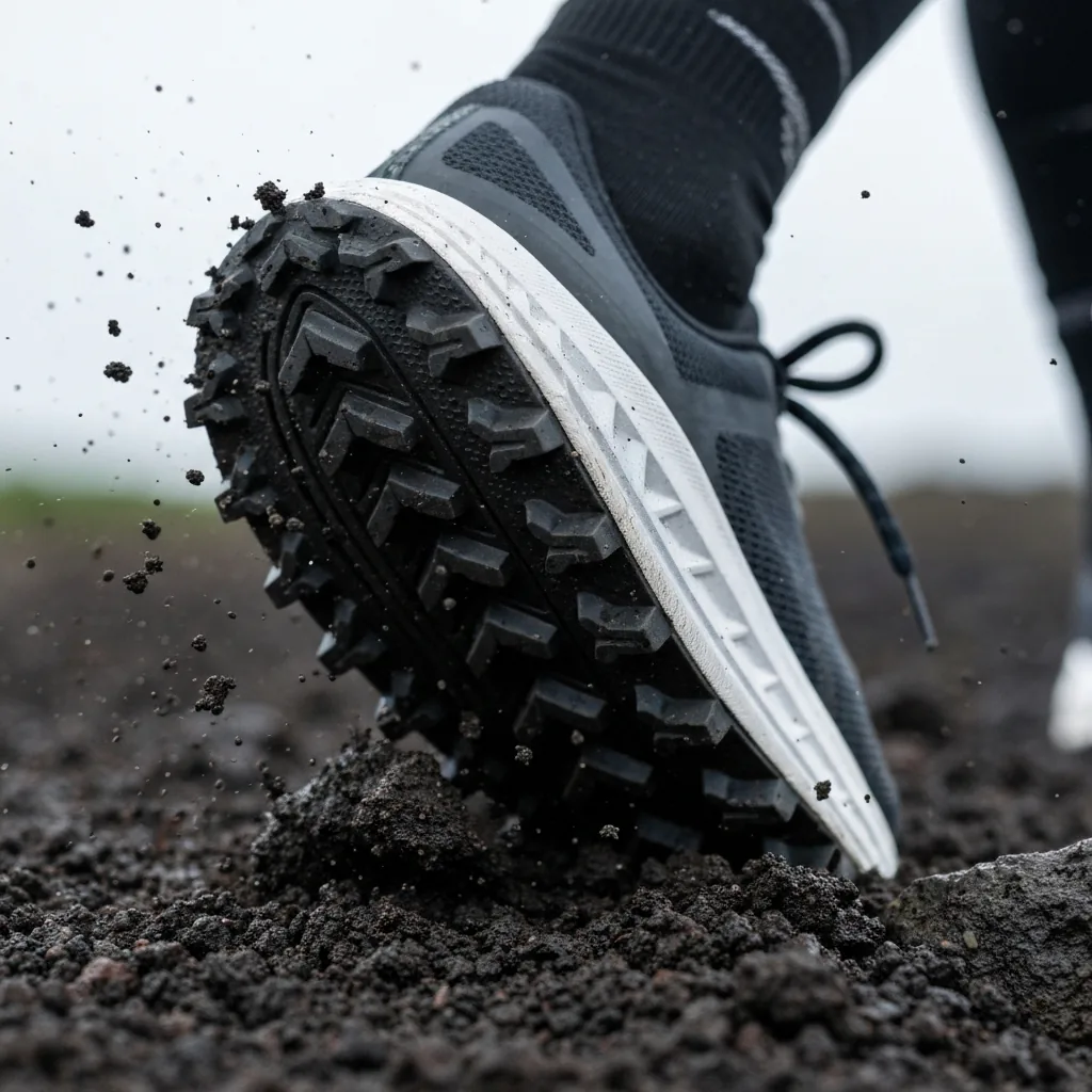 primer plano de la suela con tacos profundos de una zapatilla de trail running clavándose en tierra volcánica húmeda